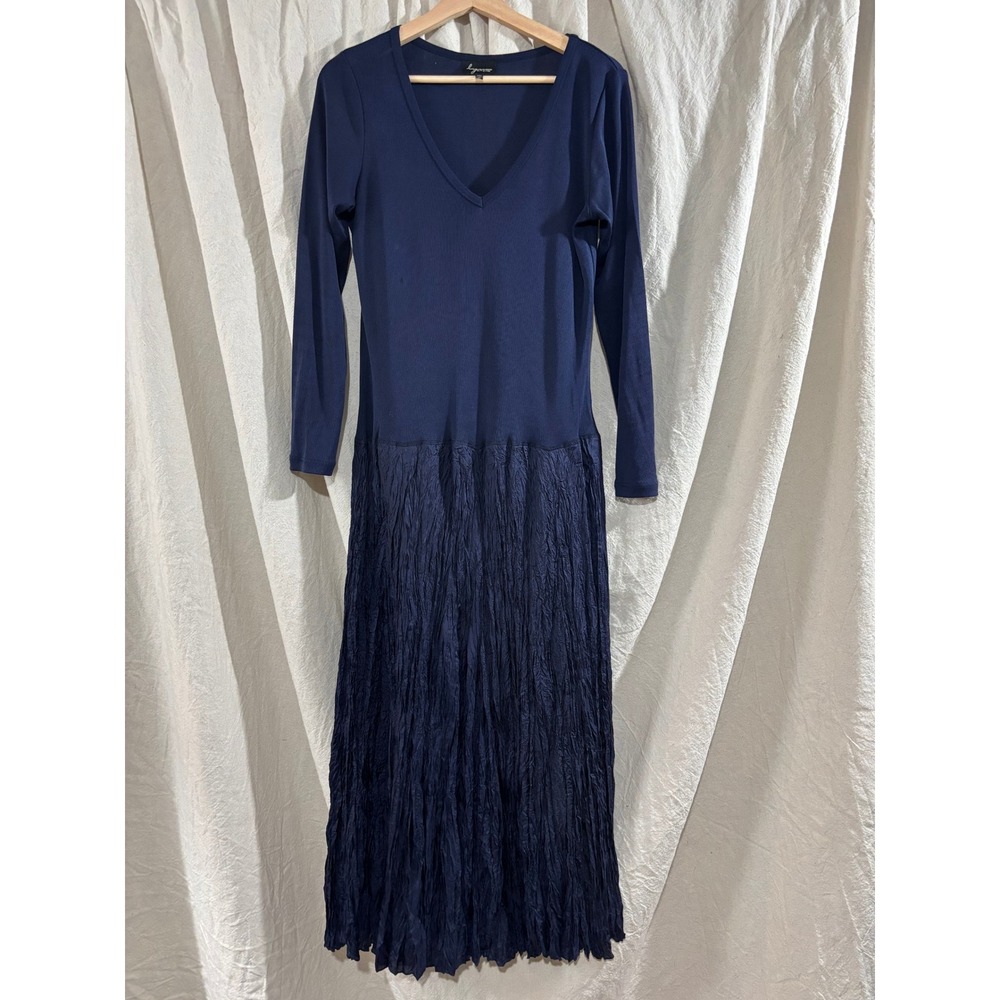 Lynn Ritchie Navy Blue Silk Cotton Crinkle Skirt Maxi Dress Long Sleeve V-Neck M